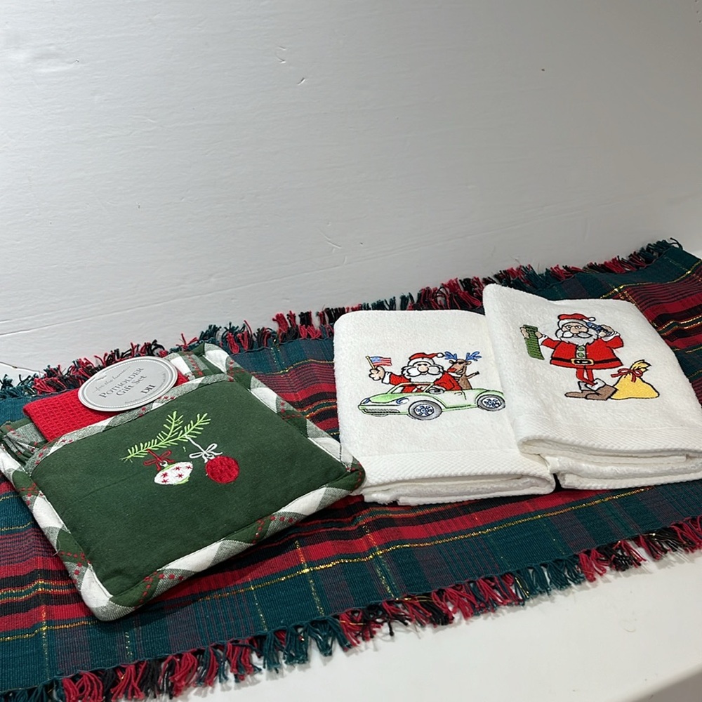 Xmas bundle includes 68” table runner, 2 Santa towels, kitchen towel &